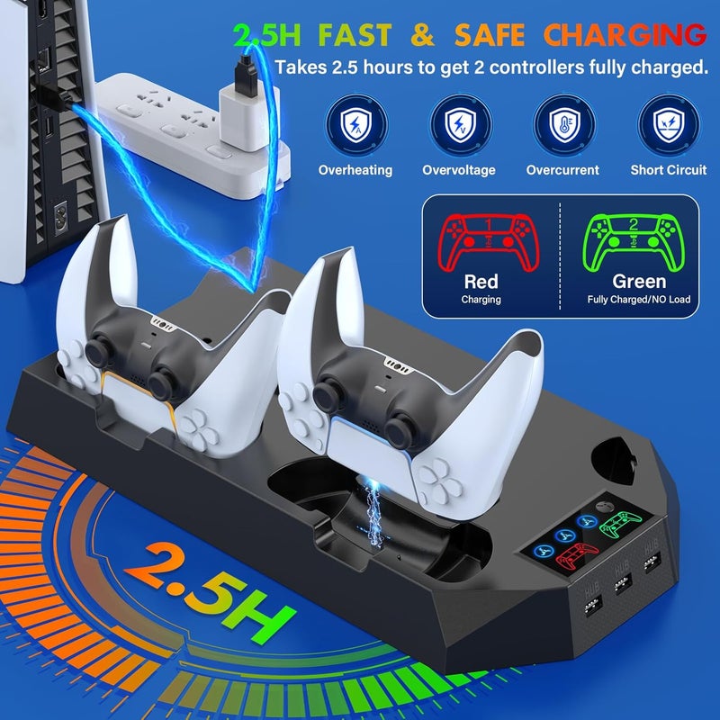 JAVRUNWOF PS5/Slim/Pro Cooling Station with Controller Charging Station for PlayStation 5 Slim/Pro Console, PS5 Cooling Stand Cooler Accessories Incl Cooling Fan, 3 USB Hubs, Headset Holder, Screw - Black - Image 3